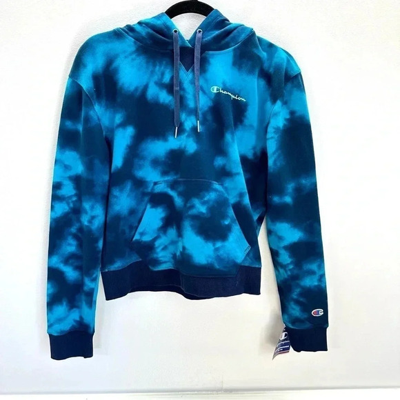 Champion Women's Blue Tie Dye French Terry Hoodie with Chest Logo Size S NWT - Picture 2 of 10